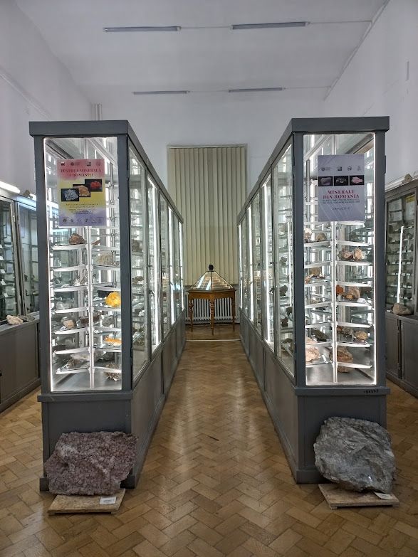 Sala Muzeului de Mineralogie cu vitrine expoziționale și colecții de minerale expuse