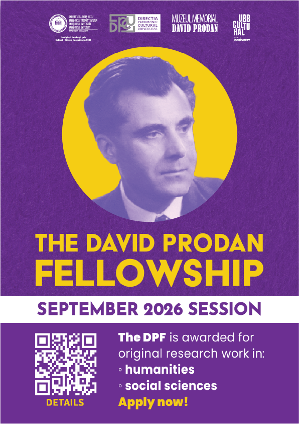 Promotional poster for the David Prodan Fellowship (FDP), September 2026 session. The background features shades of purple and yellow, with a stylized portrait of historian David Prodan in the center and logos of Babeș-Bolyai University, the Academic Cultural Heritage Department, the David Prodan Memorial Museum, and UBB Cultural. The poster promotes the DPF grants for original research in the humanities and social sciences and includes a QR code for accessing information about the DPF.
Translated with DeepL.com (free version)