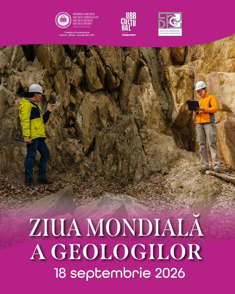 Poster pentru Ziua Mondială a Geologilor, 18 septembrie 2026, cu cercetători examinând formațiuni geologice și roci într-o carieră.