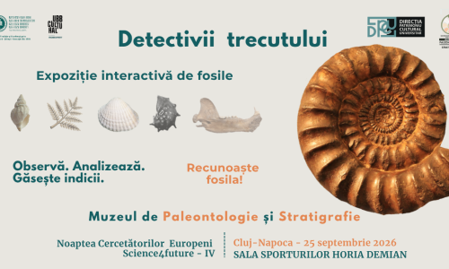 Afișul expoziției interactive de fosile „Detectivii trecutului”, organizată de Muzeul de Paleontologie și Stratigrafie la Noaptea Cercetătorilor Europeni, ilustrat cu fosile și un amonit.”