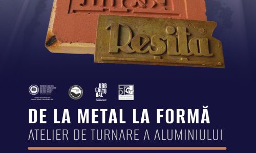 Afiș pentru atelierul «De la metal la formă – Atelier de turnare a aluminiului», ilustrat cu forme de turnare, Centrul Multifuncțional Reșița, 25 septembrie 2026, ora 18:00.