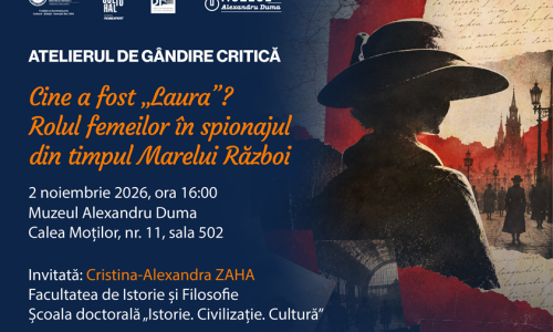 Afiș de promovare pentru Atelierul de Gândire Critică „Cine a fost «Laura»? Rolul femeilor în spionajul din timpul Marelui Război”, organizat la Muzeul Alexandru Duma. Vizual cu silueta unei persoane în pălărie pe fundal inspirat din perioada Primului Război Mondial.