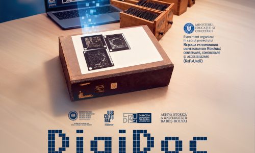 Afișul evenimentului „DigiDoc”, ilustrând digitizarea documentelor și fotografiilor istorice cu ajutorul unui scanner și al unui laptop.