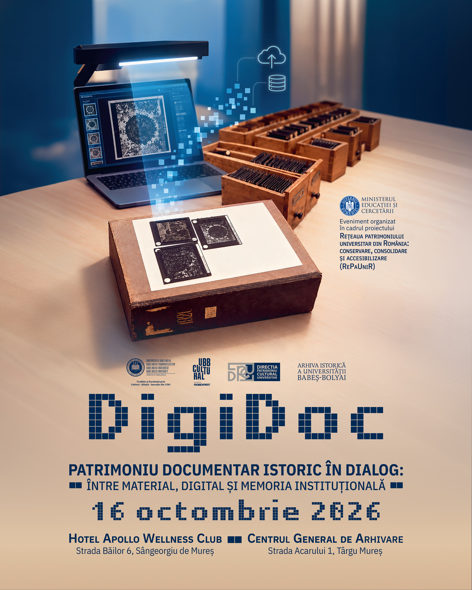 Afișul evenimentului „DigiDoc”, ilustrând digitizarea documentelor și fotografiilor istorice cu ajutorul unui scanner și al unui laptop.