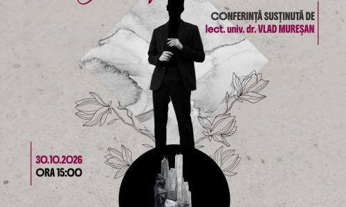 Afiș al conferinței „Milenarismul politic al lui Iacob Taubes”, susținută de lect. univ. dr. Vlad Mureșan. Design în tonuri neutre, cu accente magenta, ilustrând o siluetă umană pe un fundal geometric și un colaj urban stilizat. Evenimentul are loc în 30 octombrie 2026, ora 15:00, la Muzeul Memorial David Prodan din Cluj-Napoca. Participarea este gratuită.